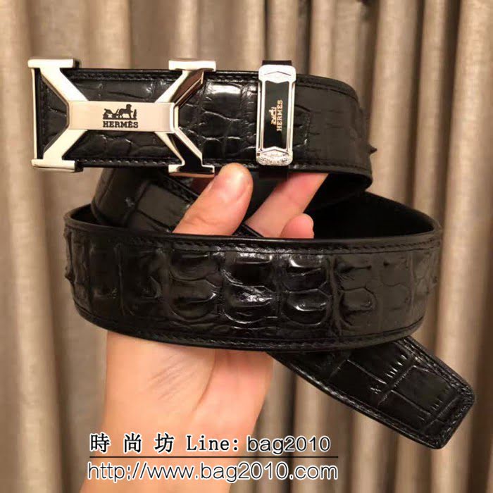 愛馬仕HERMES 純手工美洲鱷魚無拼接骨皮 專櫃奢華高端男士皮帶 HHG1663